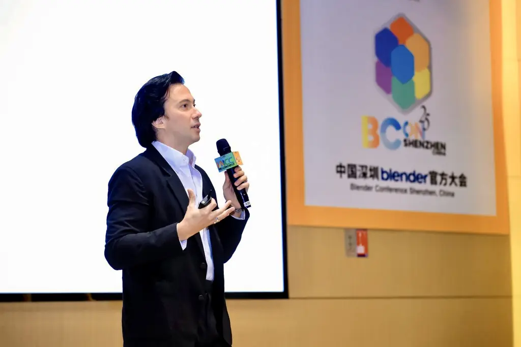 Velco Dar speaking at BCON Shenzhen, the Blender Conference, in China